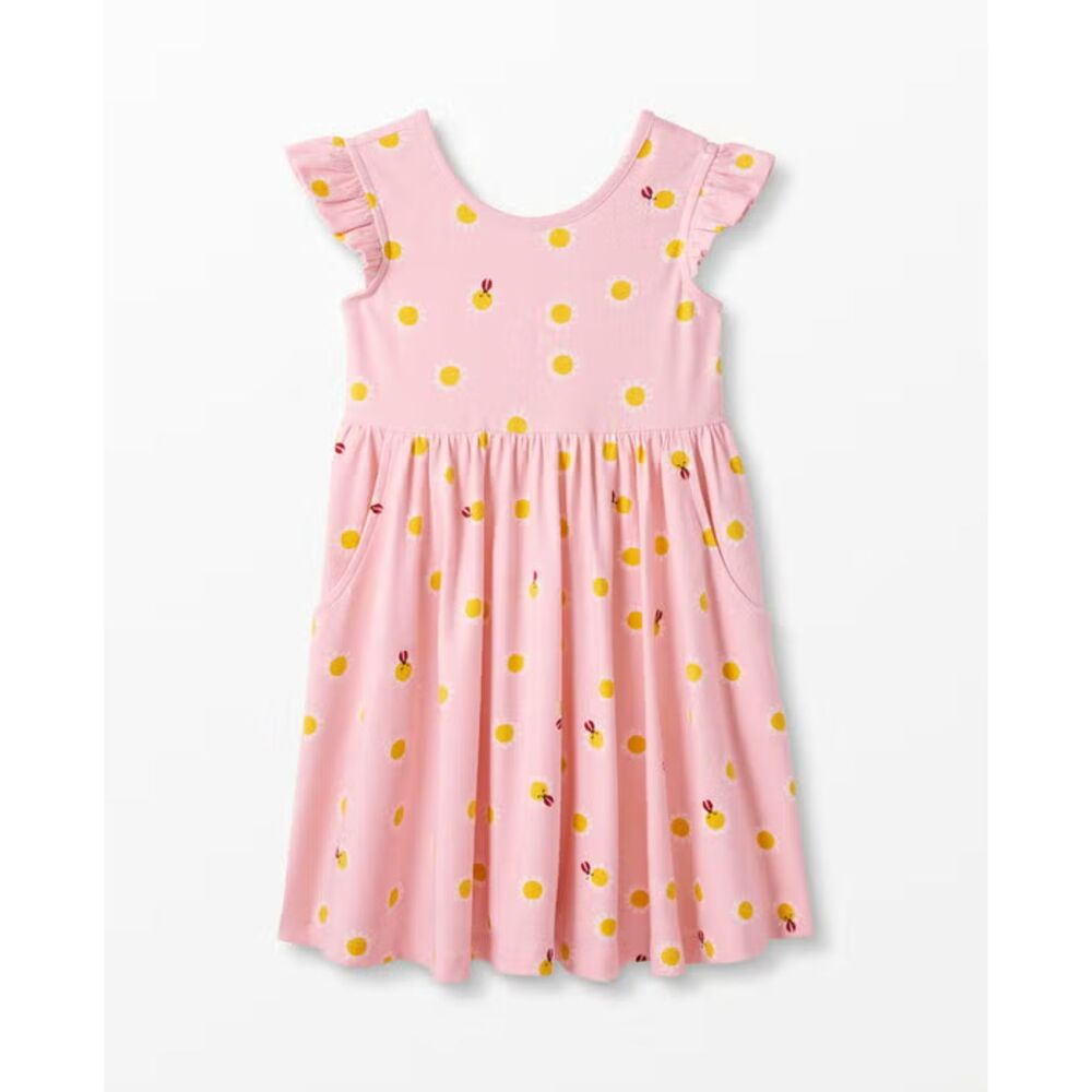 Hanna Andersson US 8 Ruffle Sleeve Skater Dress Petal Pink Ladybug Flower VGUC